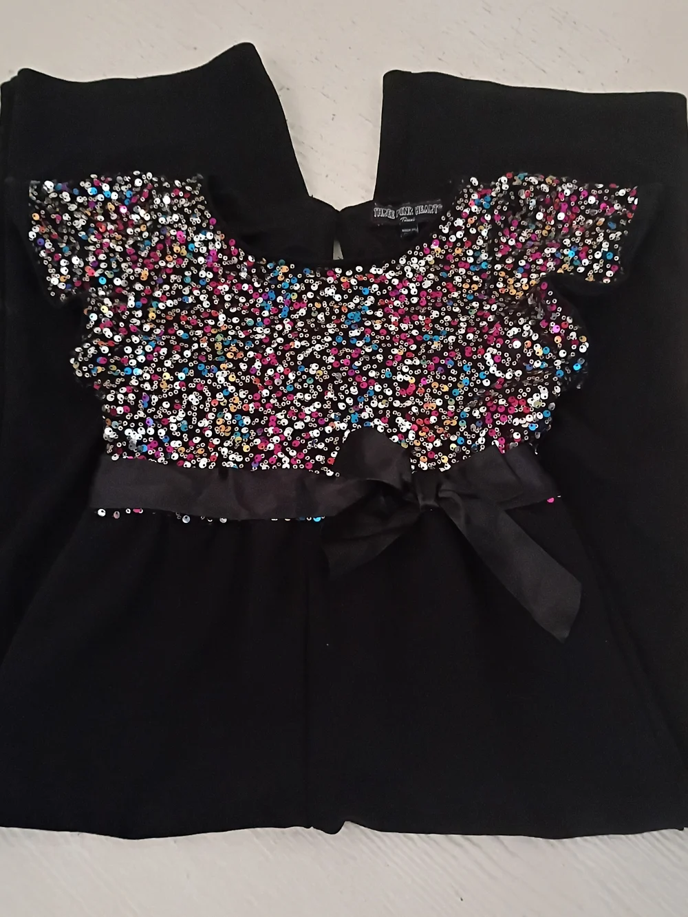 Three Pink Hearts Girls Black Sequin Jumpsuit with Bow